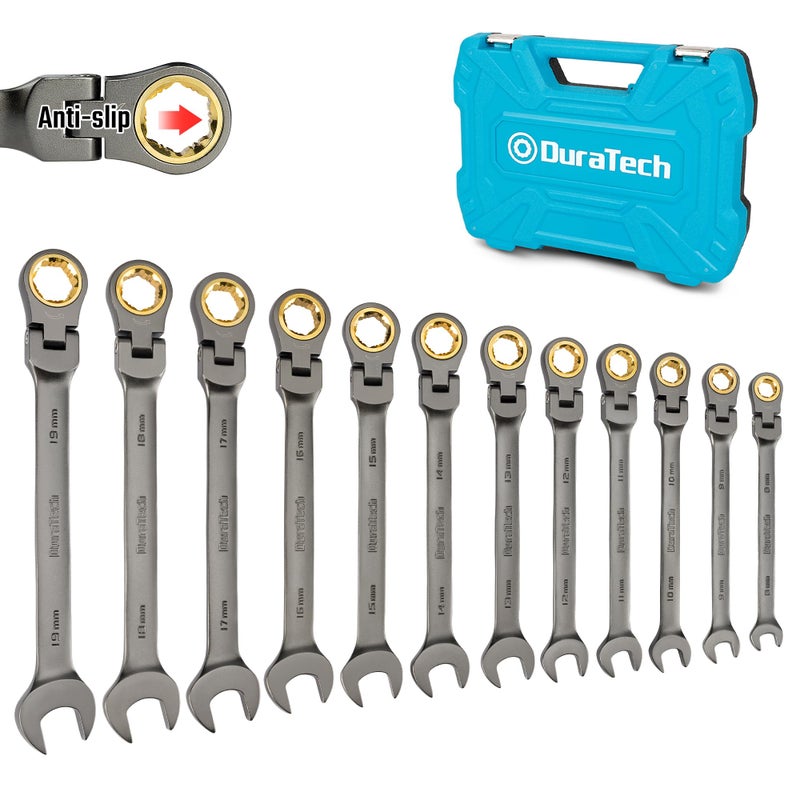 DURATECH AntiSlip FlexHead Ratcheting Wrench Set Combination Wrench Set 12Piece 72Tooth Metric 819 mm CRV Steel Organized in Storage Case - Image 2