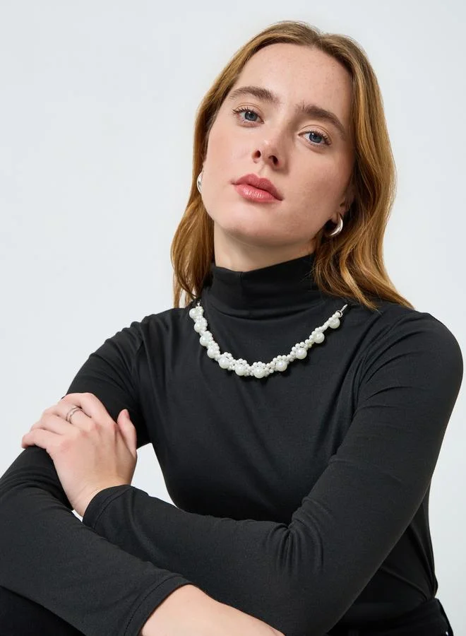 Take Two Women Solid High Neck Embellished Top