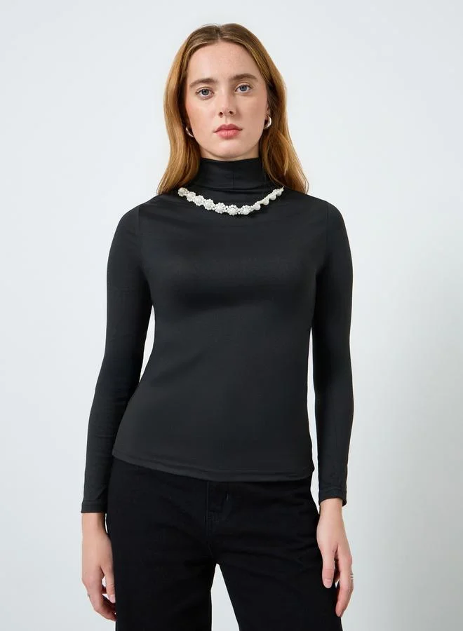 Take Two Women Solid High Neck Embellished Top