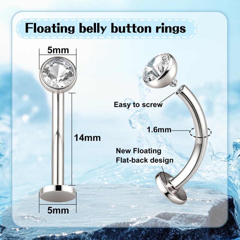 YADOCA 7PCS Floating Belly Button Ring for Women Hypoallergenic Surgical Stainless Steel Belly Rings Internally Threaded CZ Opal Long Bar Navel Barbell Flat Back Belly Piercing 8/10/12/14/16MM Silver Gold - Image 2