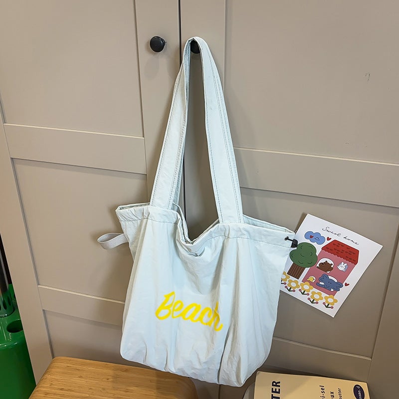Korean Style New Letter Printed Bag Women'S Large Capacity Nylon Shoulder Bag Casual All-Match Portable Drawstring Tote Bag