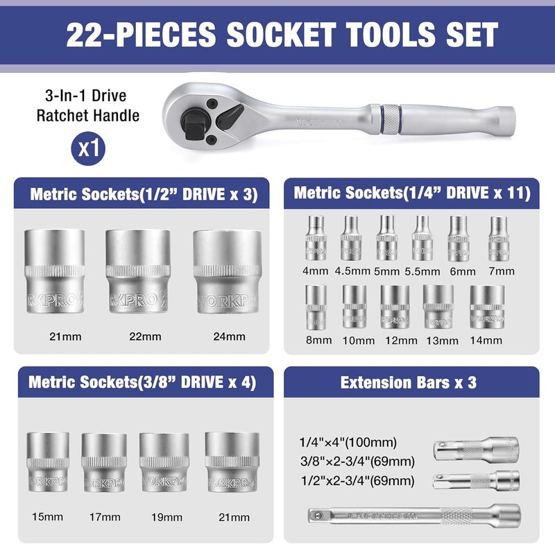 WORKPRO 22-Piece Socket Wrench Set with Ratchet Handle and Storage Case - Image 3
