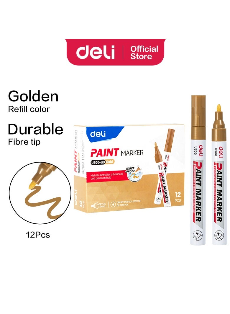Deli EU500-GD Paint Marker Golden 2.0mm 12pcs/box â€“ ideal for metal, glass, plastic, stone - Image 1