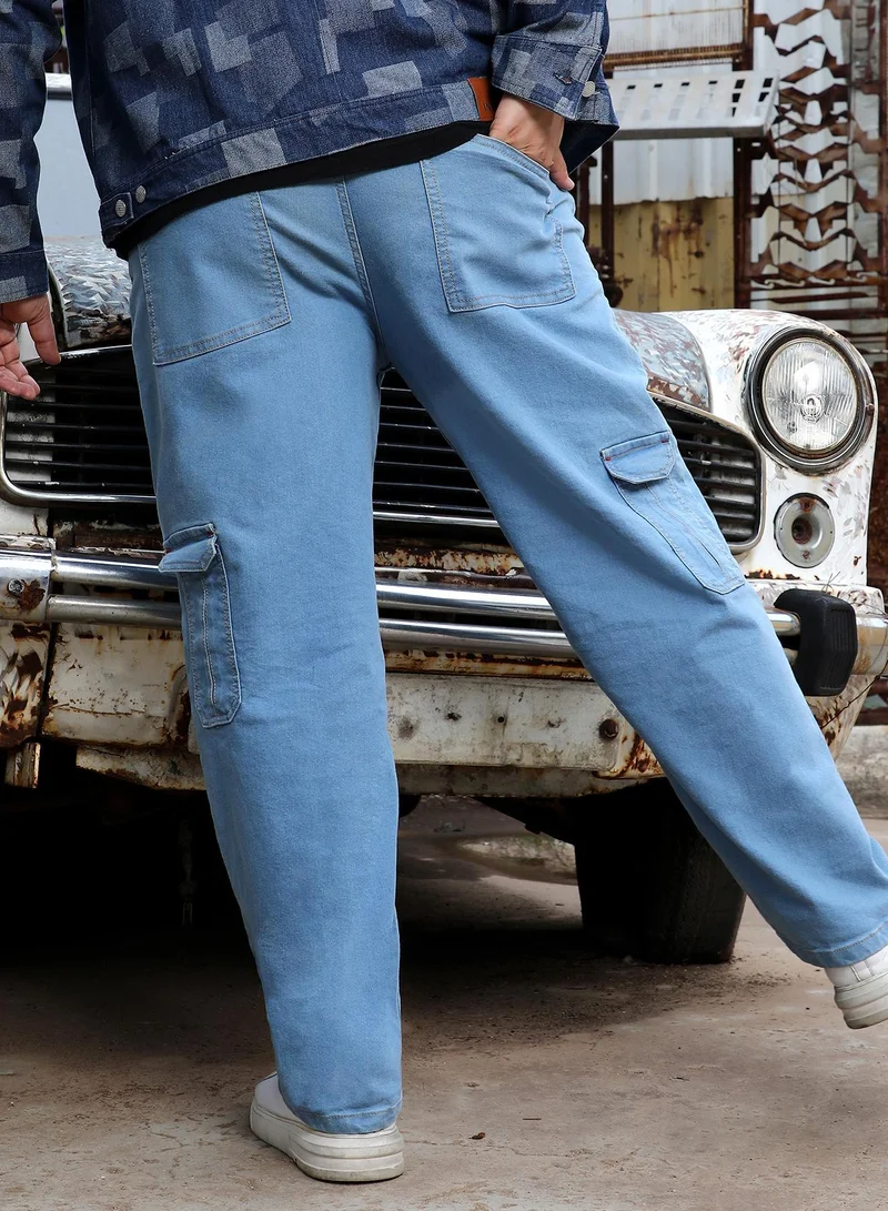 Instafab Plus  Men's Light Blue Straight Cargo Denim Jeans for Men | Best Price UAE