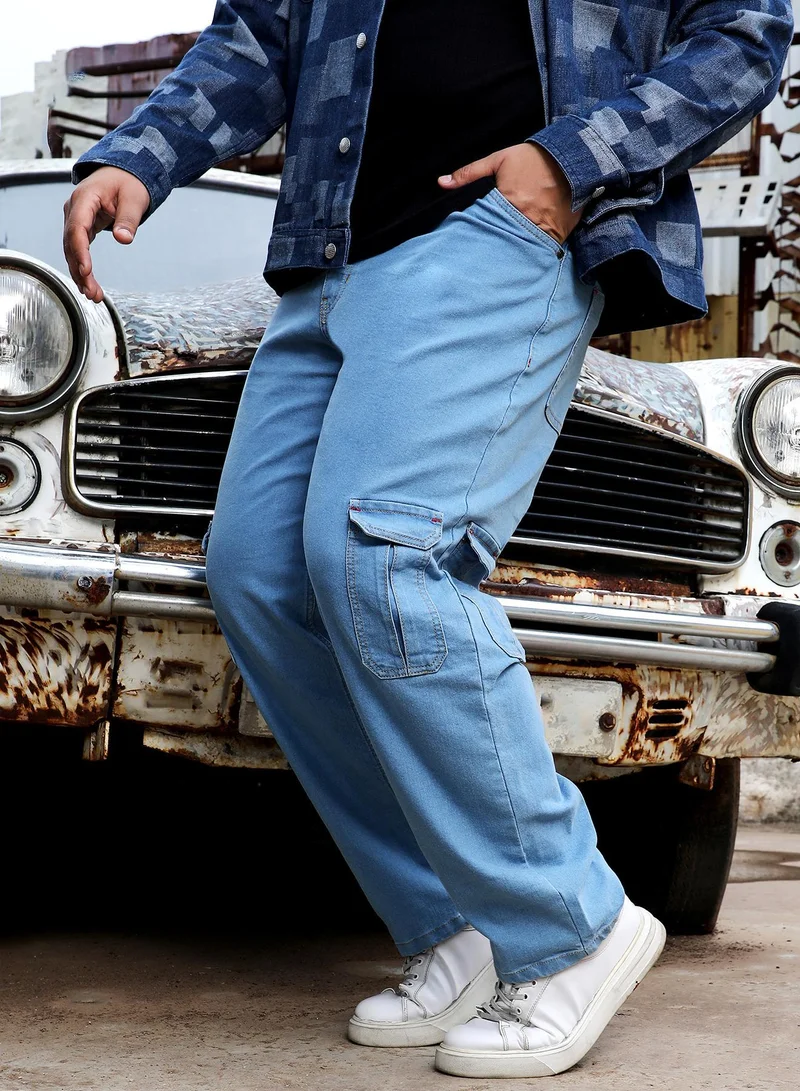 Instafab Plus Men's Light Blue Straight Cargo Denim Jeans