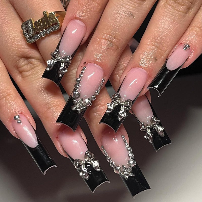 Jremg Black French Tip Press on Nails Long Square Coffin Fake Nails with 3D Bow Charms Designs Glossy Silver Star Rhinestones Glue on Nails Y2K Nude Pink Full Cover False Nails for Women Girls 24Pcs - Image 1