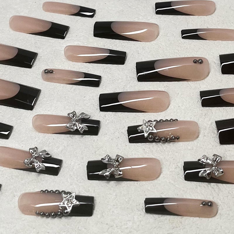 Jremg Black French Tip Press on Nails Long Square Coffin Fake Nails with 3D Bow Charms Designs Glossy Silver Star Rhinestones Glue on Nails Y2K Nude Pink Full Cover False Nails for Women Girls 24Pcs - Image 3