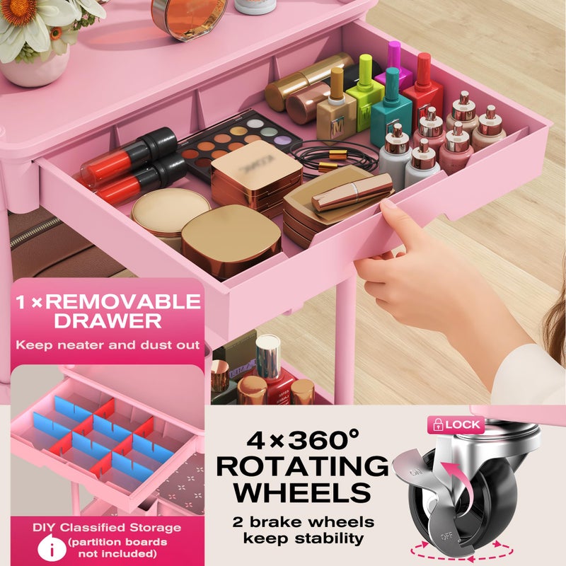 Goovilla Rolling Makeup Organizer Cart with Removable Drawer, 4 Tier Stable Pink Floor Skincare Storage Cart for Vanity, Cosmetic Display, Nail Polish, Perfume, Hair Stuff, Beauty, Bathroom(Plastic) - Image 3
