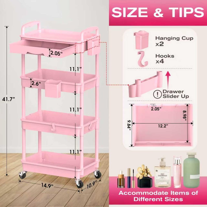 Goovilla Rolling Makeup Organizer Cart with Removable Drawer, 4 Tier Stable Pink Floor Skincare Storage Cart for Vanity, Cosmetic Display, Nail Polish, Perfume, Hair Stuff, Beauty, Bathroom(Plastic) - Image 2