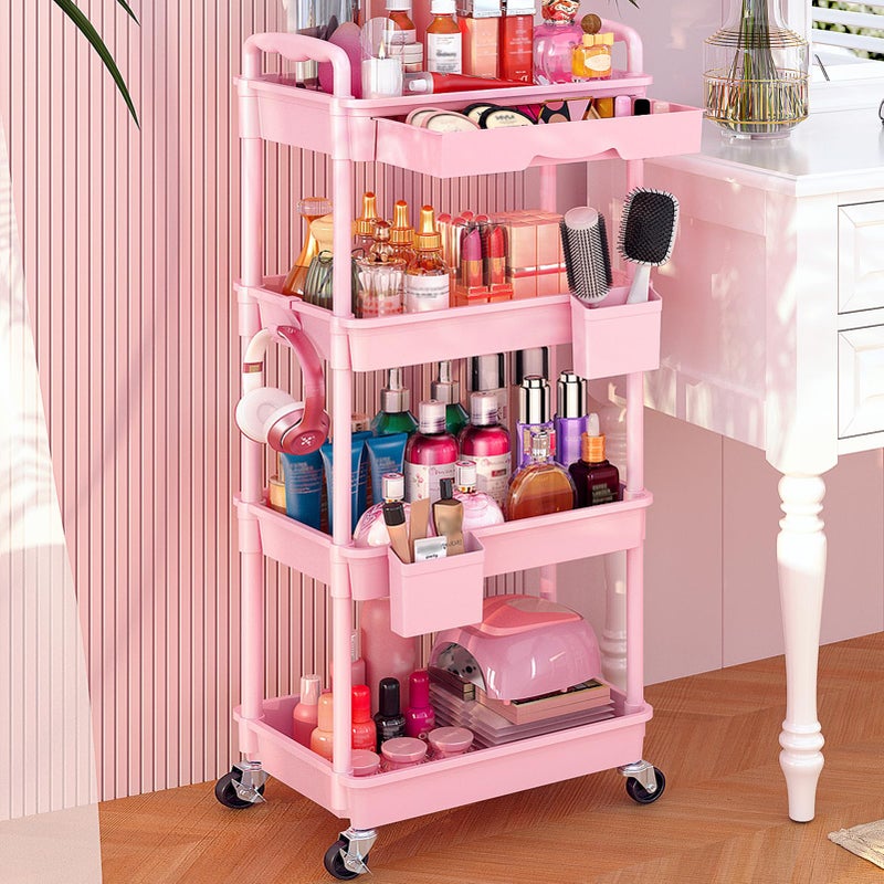 Goovilla Rolling Makeup Organizer Cart with Removable Drawer, 4 Tier Stable Pink Floor Skincare Storage Cart for Vanity, Cosmetic Display, Nail Polish, Perfume, Hair Stuff, Beauty, Bathroom(Plastic) - Image 1