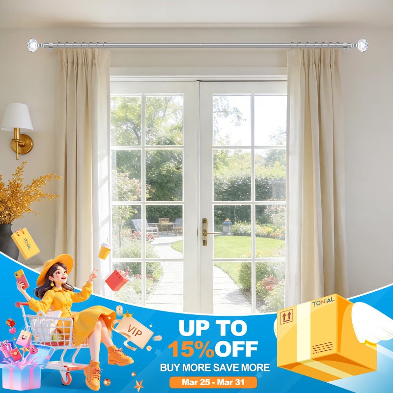 TONIAL Curtain Rods 32 to 58 Inch(2.6-4.8ft), Telescoping Splicing 3/4 Single Rods for Windows 20 to 53 Inch(1.7-4.4ft) Decorative Drapery Rod with Acrylic Diamond Finial, Nickel - Image 2
