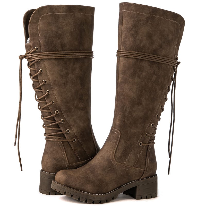 GLOBALWIN Womenâ€™s Camel Lace Up Back Boots Knee High Boots Fashion Boots For Women 7.5M - Image 1