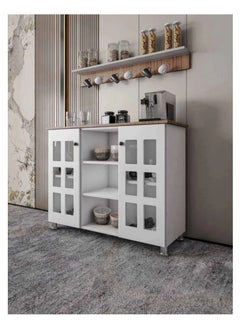 AGD Multipurpose Coffee Cabinet, Wide Wooden Top, Open Shelves, Glass Window Doors with Wooden Spice Rack and Cup Hanging, Perfect for Living Room, Kitchen, Office in White  - Image 4