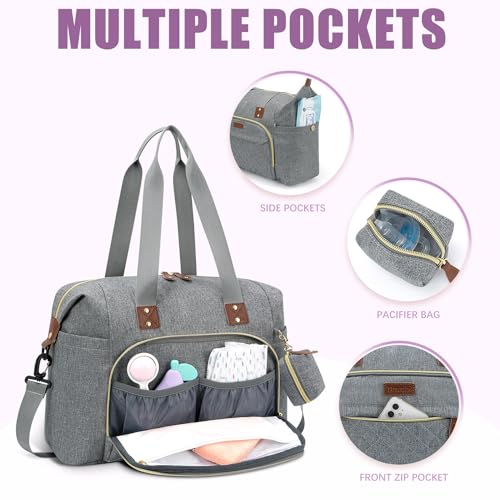 Tuwubi Diaper Bag Tote,Baby Diaper Bag with Pacifier Case Large Travel Diaper Tote Caddy for Mom and Dad Multifunction Large Baby Bag - Light Grey - Image 2