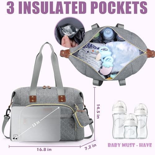 Tuwubi Diaper Bag Tote,Baby Diaper Bag with Pacifier Case Large Travel Diaper Tote Caddy for Mom and Dad Multifunction Large Baby Bag - Light Grey - Image 4