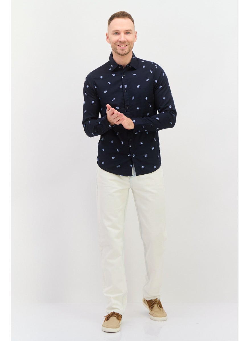 Scotch & Soda Men Regular Fit Allover Print Long Sleeves Casual Shirt, Navy Combo  - Image 4