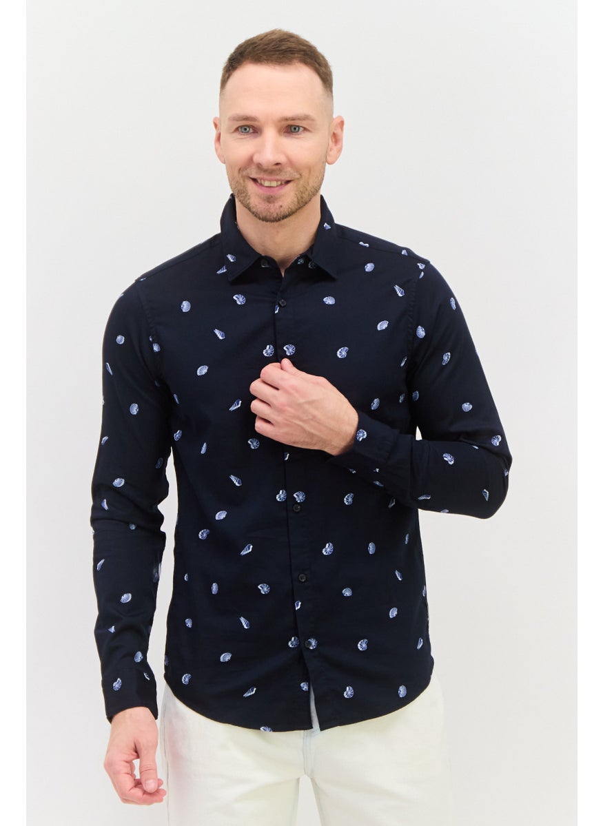 Scotch & Soda Men Regular Fit Allover Print Long Sleeves Casual Shirt, Navy Combo  - Image 1