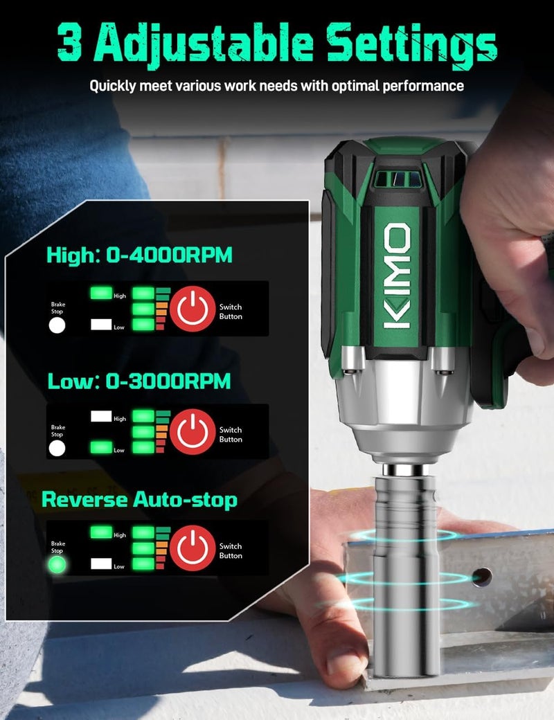 KIMO Cordless Impact Wrench, 1200N.m/900ft-lbs, 4000 RPM, 7Sockets High Torque Brushless Wrench with 3/8" Chuck, 4000mAh Li-ion Battery, Fast Charger, Variable Modes Power Impact Driver for Car Tires - Image 5