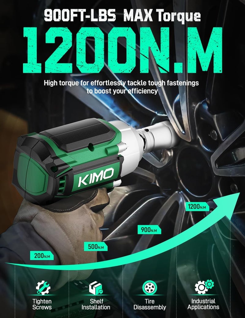 KIMO Cordless Impact Wrench, 1200N.m/900ft-lbs, 4000 RPM, 7Sockets High Torque Brushless Wrench with 3/8" Chuck, 4000mAh Li-ion Battery, Fast Charger, Variable Modes Power Impact Driver for Car Tires - Image 2