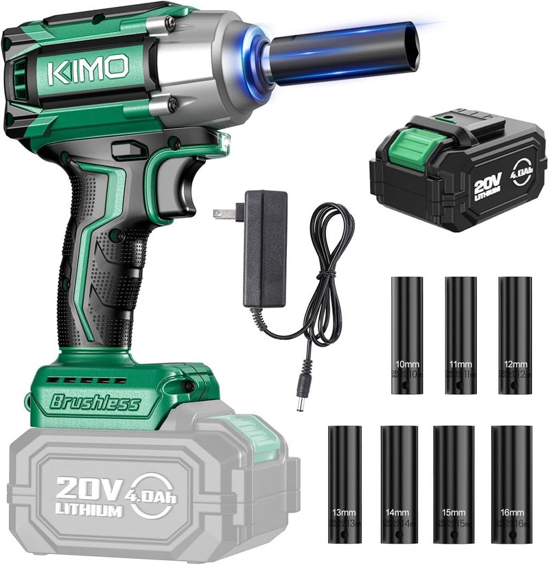 KIMO Cordless Impact Wrench, 1200N.m/900ft-lbs, 4000 RPM, 7Sockets High Torque Brushless Wrench with 3/8" Chuck, 4000mAh Li-ion Battery, Fast Charger, Variable Modes Power Impact Driver for Car Tires - Image 1