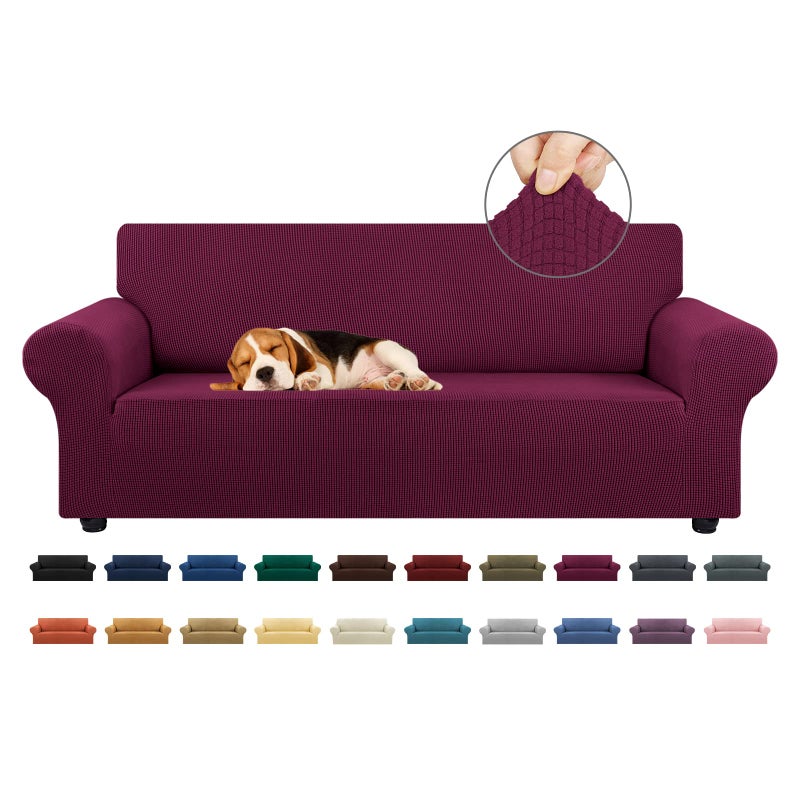 KEKUOU Stretch Sofa Cover Slipcover Couch Covers for 3 Cushion Couch Sofa pet Friendly 7894 Furniture Protector Sofa with Elastic Bottom for KidsDog Jacquard Small CheckedLargeWine