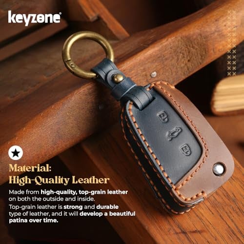 keyzone Leather Car Key Cover for Virtus, Kylaq, Slavia, Kodiaq, Kushaq, Taigun, Tiguan, Octavia, Jetta, Superb, Karoq, T-Roc, 3 Button Flip Key (BlueBrown) - Image 5
