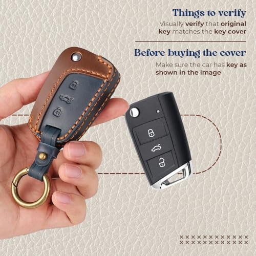 keyzone Leather Car Key Cover for Virtus, Kylaq, Slavia, Kodiaq, Kushaq, Taigun, Tiguan, Octavia, Jetta, Superb, Karoq, T-Roc, 3 Button Flip Key (BlueBrown) - Image 2