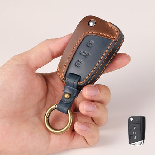 keyzone Leather Car Key Cover for Virtus, Kylaq, Slavia, Kodiaq, Kushaq, Taigun, Tiguan, Octavia, Jetta, Superb, Karoq, T-Roc, 3 Button Flip Key (BlueBrown) - Image 1