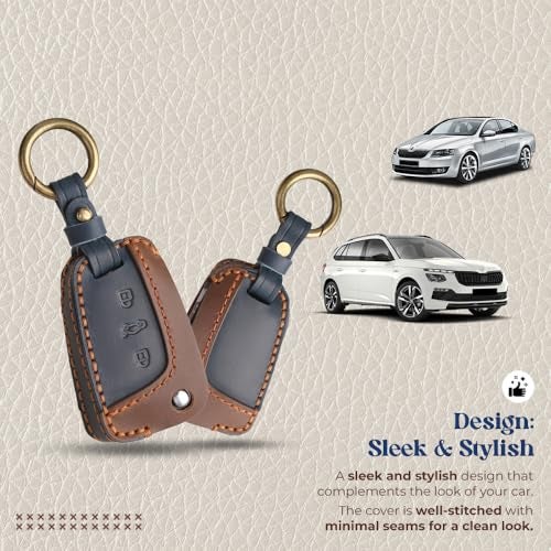 keyzone Leather Car Key Cover for Virtus, Kylaq, Slavia, Kodiaq, Kushaq, Taigun, Tiguan, Octavia, Jetta, Superb, Karoq, T-Roc, 3 Button Flip Key (BlueBrown) - Image 3