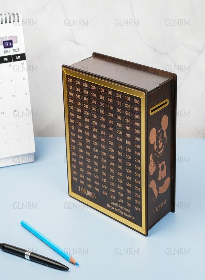 GLNRM صندوق توفير نقود خشبي من GLNRM - حصالة نقود بسعة 100,000 روبية، صندوق توفير نقود خشبي، صندوق نقود مع هدف نقود وأرقام للتحقق منها للأولاد والبنات والبالغين (موديل 4) - Image 5