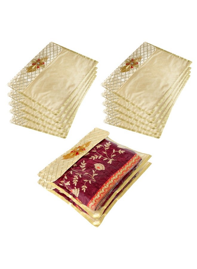 Kuber Industries Saree Cover | Clothes Storage Bag | Single Packing Saree with Velcro | Wardrobe Organizer | Cloth Stoarge Organizer | Check Jama Brooch-Design | Pack of 12 | Golden - Image 1