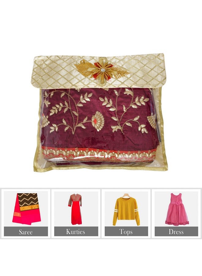 Kuber Industries Saree Cover | Clothes Storage Bag | Single Packing Saree with Velcro | Wardrobe Organizer | Cloth Stoarge Organizer | Check Jama Brooch-Design | Pack of 12 | Golden - Image 4
