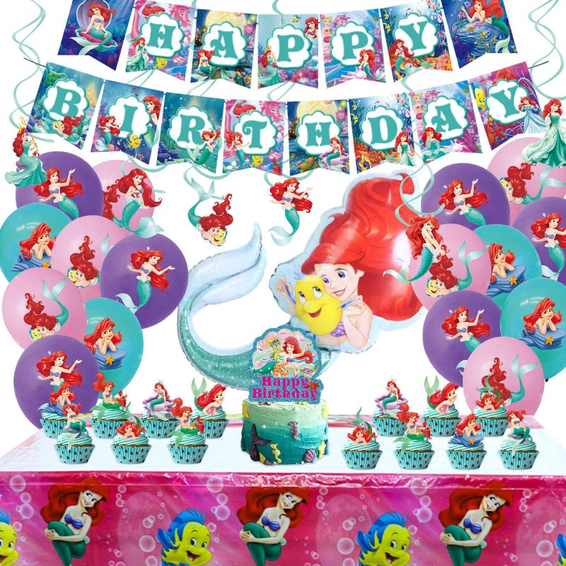 Cosershow Ariel Birthday Party Supplies, Party Decorations Set Include Banner, Tablecloth, Balloons, Hanging Swirls, Cake Cupcake Toppers for Girls Little Mermaid Party Decorations - Image 1