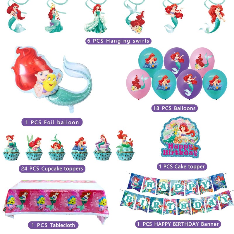 Cosershow Ariel Birthday Party Supplies, Party Decorations Set Include Banner, Tablecloth, Balloons, Hanging Swirls, Cake Cupcake Toppers for Girls Little Mermaid Party Decorations - Image 2