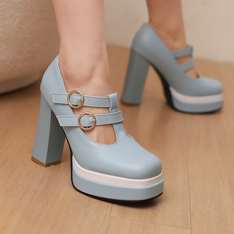 Style Spring 2024 Fashion Thick Bottom Buckle Strap 40-43 Plus Size High Heel Square Head Shallow Mouth Women'S Single Shoes - Image 2