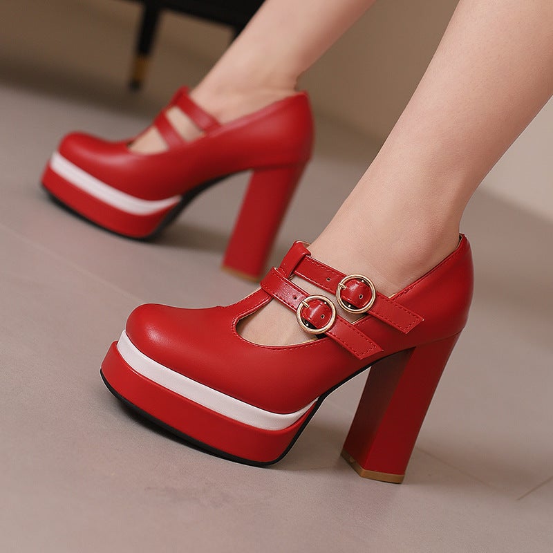 Style Spring 2024 Fashion Thick Bottom Buckle Strap 40-43 Plus Size High Heel Square Head Shallow Mouth Women'S Single Shoes - Image 5