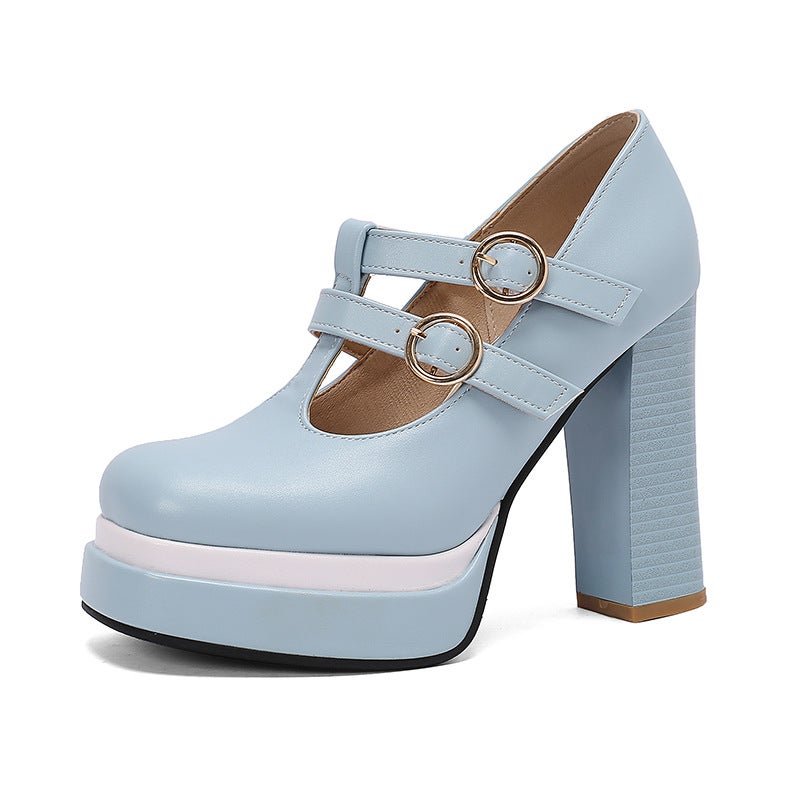 Style Spring 2024 Fashion Thick Bottom Buckle Strap 40-43 Plus Size High Heel Square Head Shallow Mouth Women'S Single Shoes - Image 1