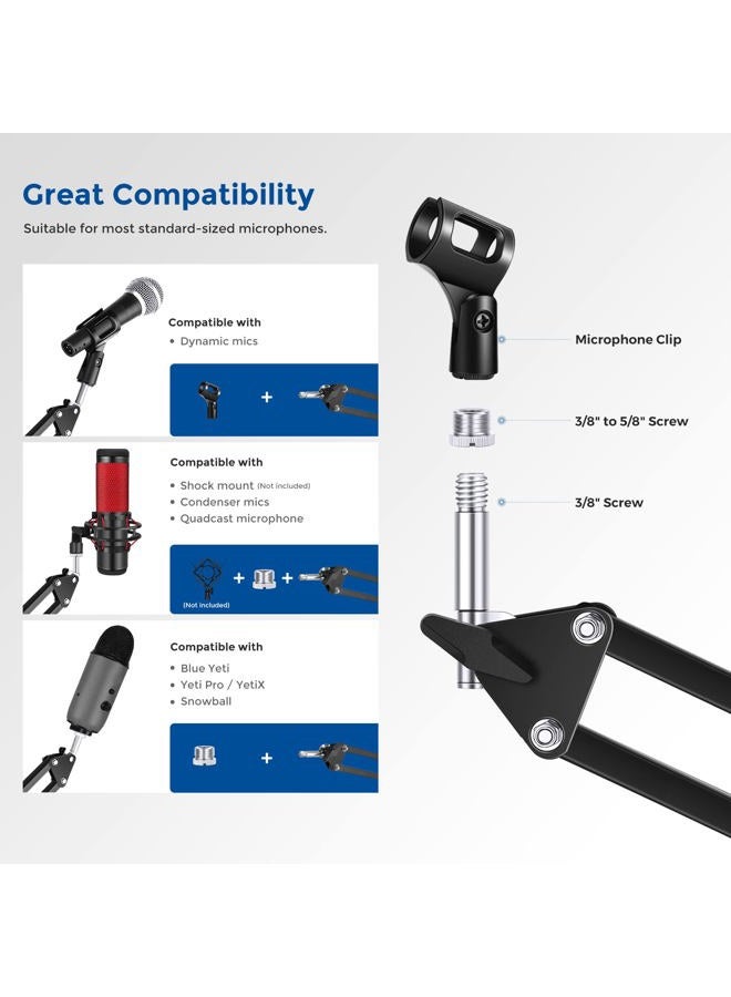 Neewer Microphone Arm Stand, Suspension Boom Scissor Mic Arm Stand with 3/8” to 5/8” Screw and Cable Ties Compatible with Blue Yeti, Snowball, Yeti X, Quadcast and Other Mics, Max Load 1.5kg - Image 2