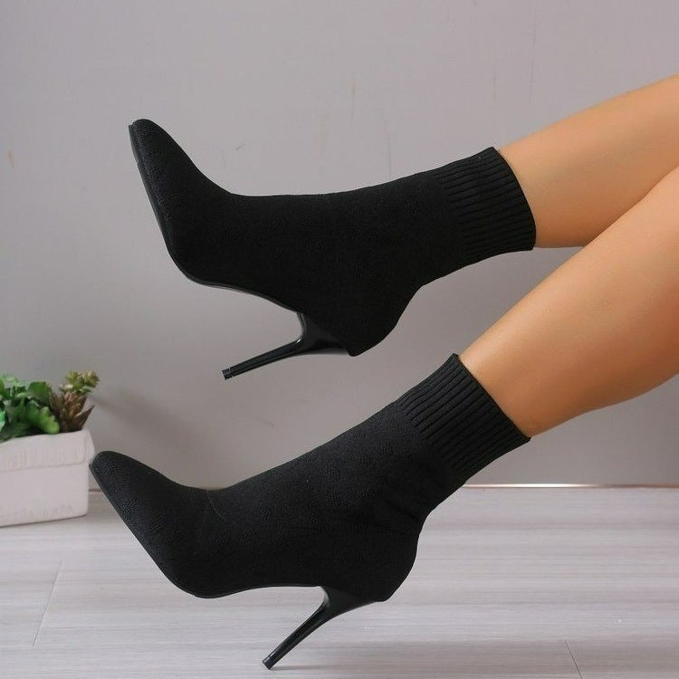 Women High Heel Boots Socks Boots Large Size Knitted Elastic Boots Mid-Calf High Heel Socks Boots - Image 3