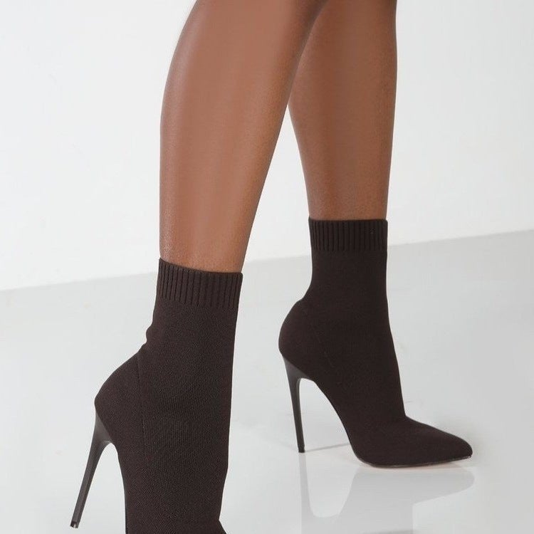 Women High Heel Boots Socks Boots Large Size Knitted Elastic Boots Mid-Calf High Heel Socks Boots - Image 5