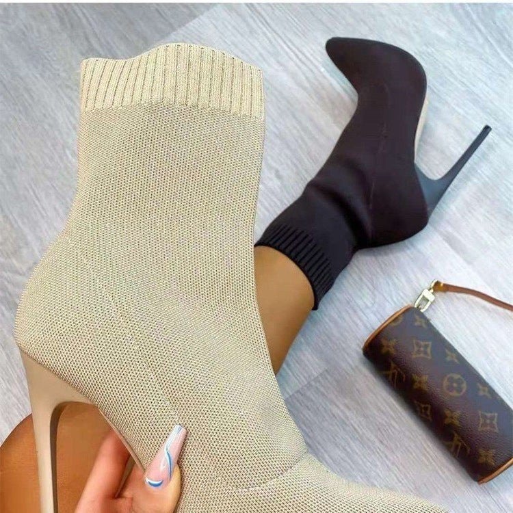Women High Heel Boots Socks Boots Large Size Knitted Elastic Boots Mid-Calf High Heel Socks Boots - Image 4