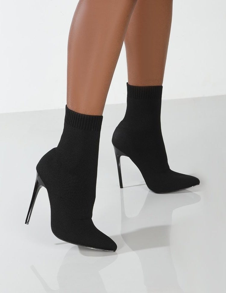 Women High Heel Boots Socks Boots Large Size Knitted Elastic Boots Mid-Calf High Heel Socks Boots - Image 1