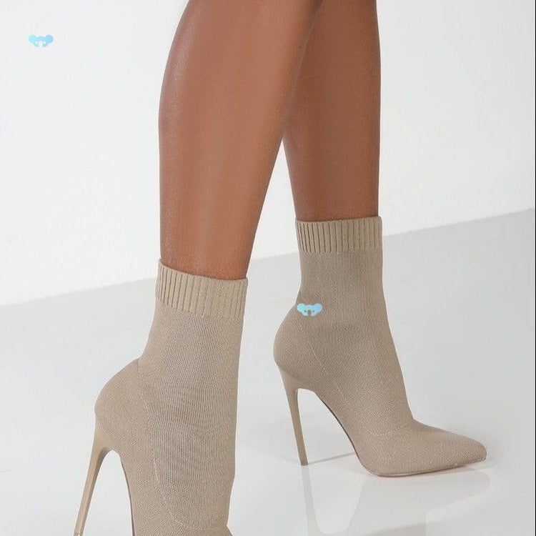 Women High Heel Boots Socks Boots Large Size Knitted Elastic Boots Mid-Calf High Heel Socks Boots - Image 2