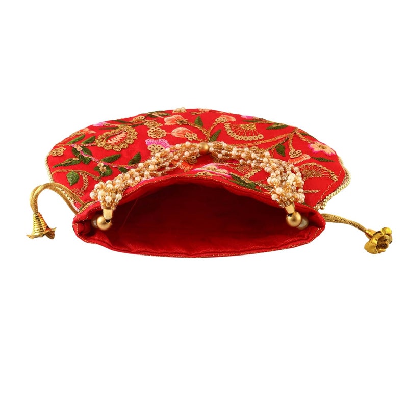 BINORI Rajasthani Style Royal Clutch Silk Batwa Bag Wristlets Embroidered Potli Bag With Floral Design, Pearl Handle, Traditional Drawstring Purse - Image 3