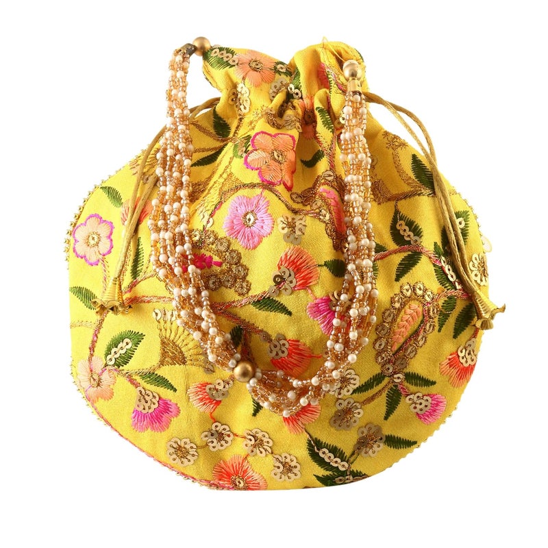 BINORI Rajasthani Style Royal Clutch Silk Batwa Bag Wristlets Embroidered Potli Bag With Floral Design, Pearl Handle, Traditional Drawstring Purse - Image 5