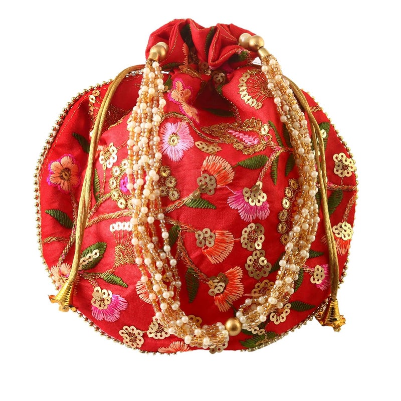 BINORI Rajasthani Style Royal Clutch Silk Batwa Bag Wristlets Embroidered Potli Bag With Floral Design, Pearl Handle, Traditional Drawstring Purse - Image 2