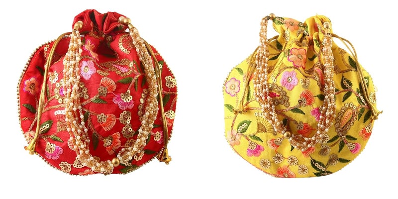 BINORI Rajasthani Style Royal Clutch Silk Batwa Bag Wristlets Embroidered Potli Bag With Floral Design, Pearl Handle, Traditional Drawstring Purse - Image 1