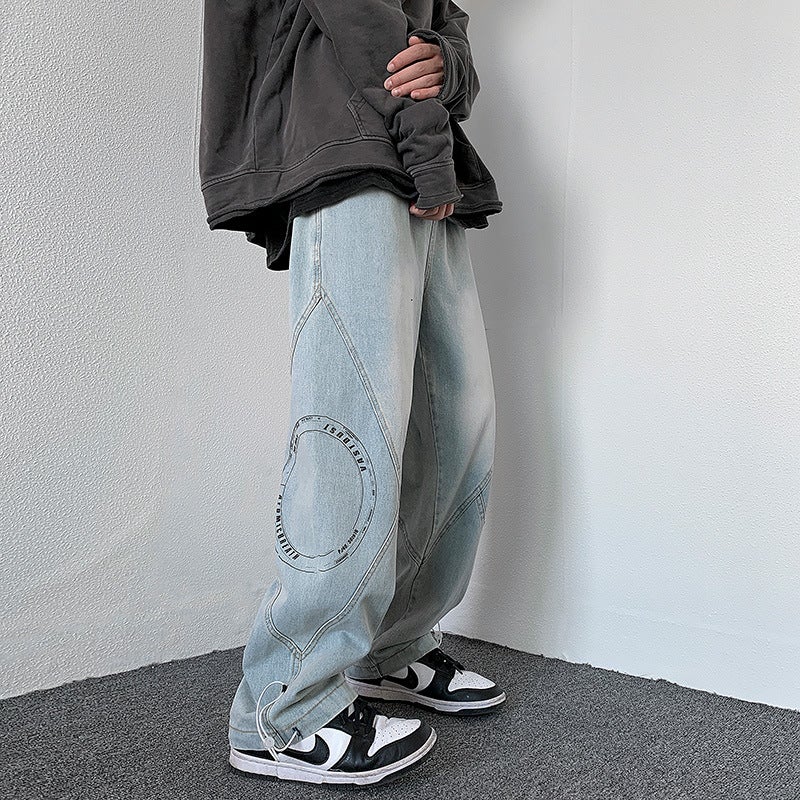Generic Jeans Mens Spring Design Sense Straight Tube Loose Wide Leg Pants for Ripper Handsome ins Trendy Brand Printed Dads Pants Blue
