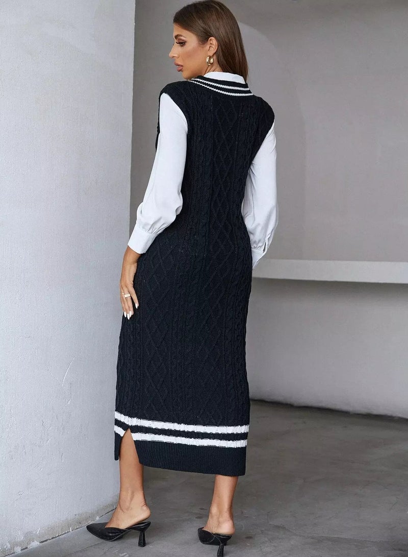 Striped Trim Cable Knit Sweater Dress Without Blouse - Image 2