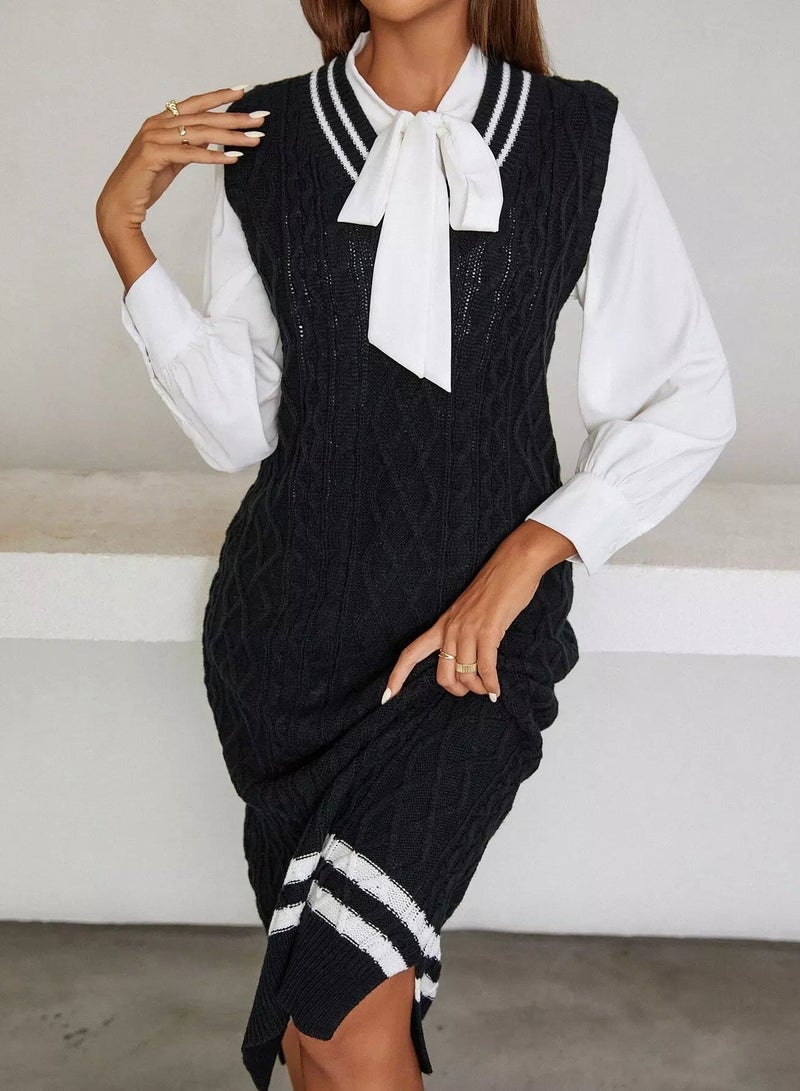 Striped Trim Cable Knit Sweater Dress Without Blouse - Image 1